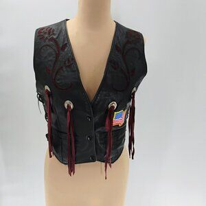 Dallas Premium Fringed Bolo Leather Vest in Black Red